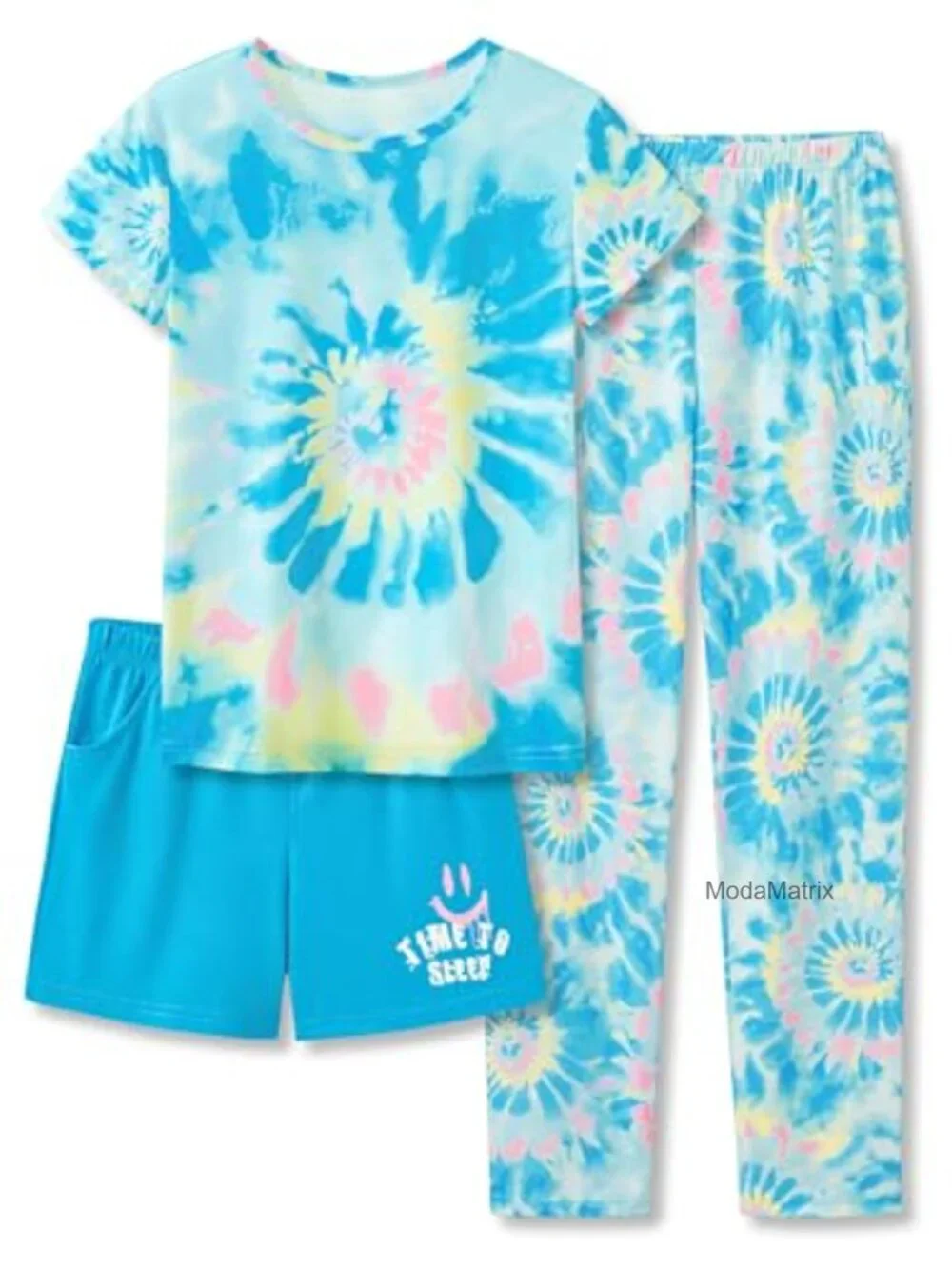 3-Piece Girls Tie Dye Pajama Set Soft Tee Shorts & Pants PJ